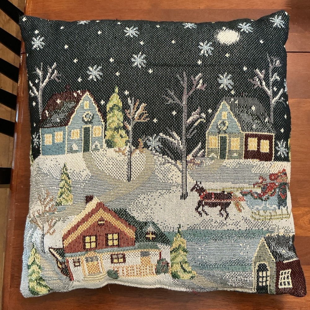 Festive Christmas Tapestry Throw Pillow Winter Holiday Carriage Snow 15 X 15
